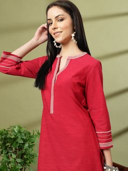 Nayam by lakshita - Pink Linen Round Neck Kurta with Pant (Set of 2)