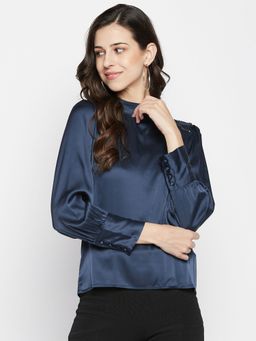 Madame - High Neck Bishop Sleeve Solid Royal Blue Top