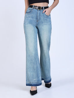 SHOWOFF - Women'S Solid Blue Bootcut Jean with Belt (Set of 2)