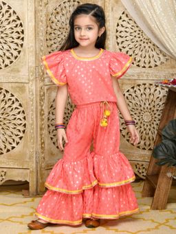 SAKA DESIGNS - Dark Peach And Gold Sharara Top With Yellow Lace Detailing
