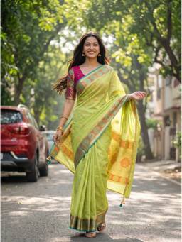Mimosa - Tusser Kanjivaram Zari Woven Design Green Saree