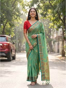 Mimosa - Tusser Kanjivaram Zari Woven Design Turquoise Saree
