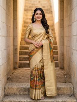 Mimosa - Art Silk Beige Kalamkari Handloom Saree