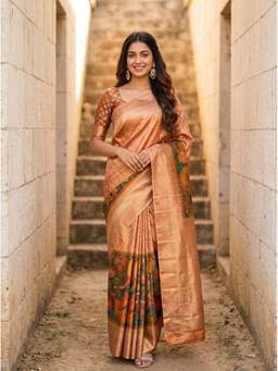Mimosa - Orange Art Silk Kalamkari Handloom Saree