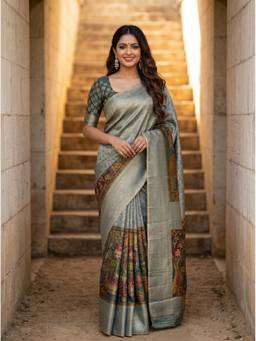 Mimosa - Turquoise Kalamkari Art Silk Handloom Saree