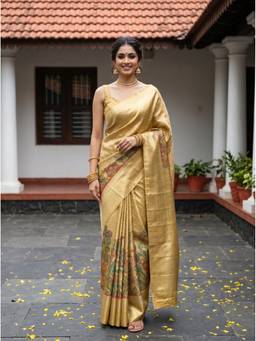 Mimosa - Gold Gold Art Silk Kalamkari Handloom Saree