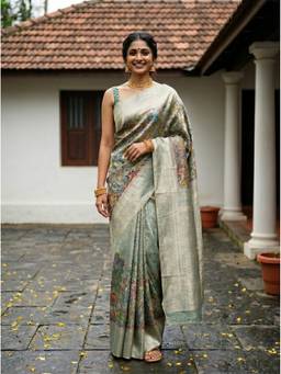 Mimosa - Turquoise Sapphire Art Silk Kalamkari Printed Saree