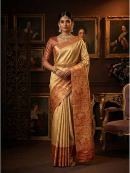 Mimosa - Beige Art Silk Kanjivaram Woven Saree