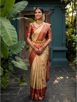 Mimosa - Beige Art Silk Kanjivaram Handloom Woven Saree