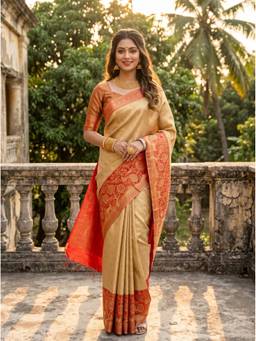 Mimosa - Beige Art Silk Kanjivaram Handloom Festive Saree