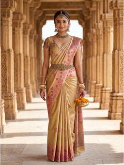 Mimosa - Beige Art Silk Handloom Kanjivaram Saree