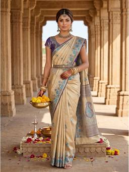 Mimosa - Beige Festive Kanjivaram Handloom Saree