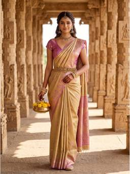 Mimosa - Beige Art Silk Kanjivaram Festive Handloom Saree