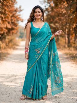 Mimosa - Blue Chiffon Banarasi Printed Saree