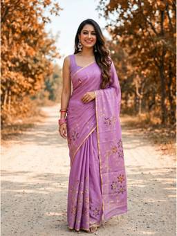 Mimosa - Purple Chiffon Banarasi Printed Saree