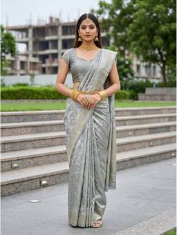 Mimosa - Grey Art Silk Handloom Kanjivaram Saree