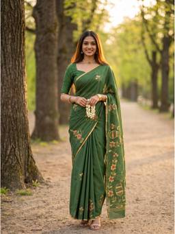 Mimosa - Chiffon Green Banarasi Printed Saree