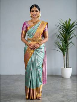Mimosa - Chic Turquoise Art Silk Kanjivaram Handloom Saree