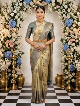 Mimosa - Beige Art Silk Kanjivaram Festive Woven Handloom Saree