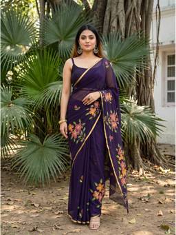 Mimosa - Chiffon Navy Blue Banarasi Printed Saree