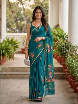 Mimosa - Designer Turquoise chiffon Banarasi Printed Saree