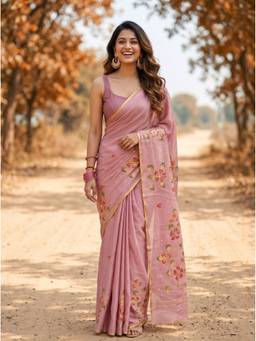 Mimosa - Pink Chiffon Banarasi Printed Saree