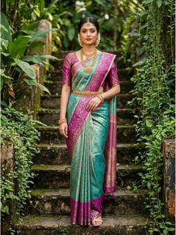 Mimosa - Sophisticated Turquoise Art Silk Kanjivaram Handloom Saree