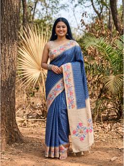 Mimosa - Art Silk Banarasi Checked Zari Woven Blue Saree