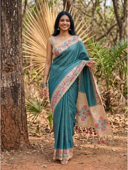 Mimosa - Art Silk Banarasi Checked Zari Woven Turquoise Saree