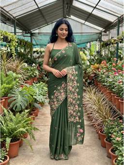 Mimosa - Chiffon Banarasi Floral Embroidered Green Saree