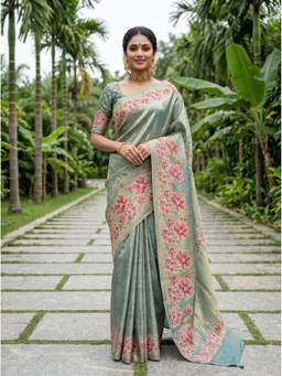 Mimosa - Art Silk Kanjivaram Floral Turquoise Saree
