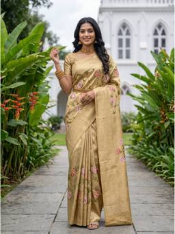 Mimosa - Art Silk Kanjivaram Floral Beige Saree