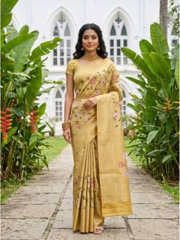 Mimosa - Art Silk Kanjivaram Floral Gold Saree