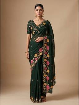 Mimosa - Chiffon Banarasi Floral Embroidary Green Saree