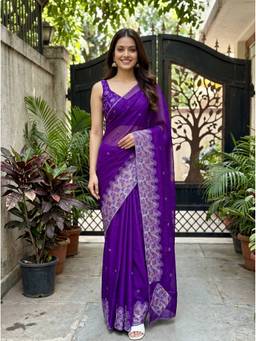 Mimosa - Chiffon Banarasi Embroidered Zari Purple Saree