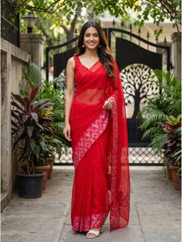 Mimosa - Chiffon Banarasi Embroidered Zari Red Saree
