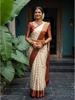 Mimosa - Art Silk Kanjivaram Woven Zari White Saree