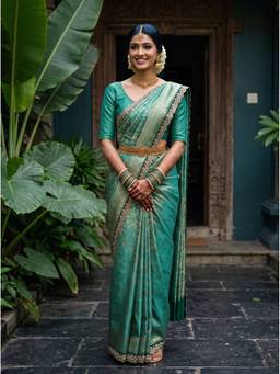 Mimosa - Art Silk Kanjivaram Embellished Turquoise Saree
