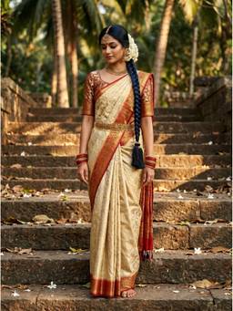 Mimosa - Art Silk Kanjivaram White Saree