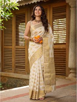 Mimosa - Art Silk Kanjivaram White Saree