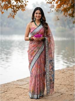 Mimosa - Orangza Kalamkari Printed Pink Saree