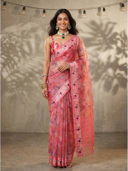 Mimosa - Orangza Kalamkari Floral Printed Pink Saree