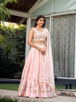 FLAHER - Peach Silk Embroidered Full Stitch Lehenga Choli with Net Dupatta (Set of 3)