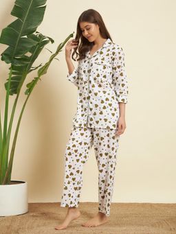 SEPHANI - Green Cotton Geometric Shirt with Pyjama