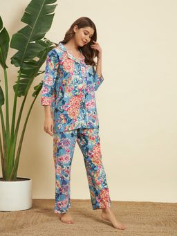 SEPHANI - Blue Cotton Floral Shirt with Pyjama