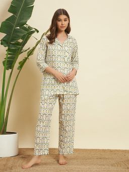 SEPHANI - Green Cotton Abstract Shirt with Pyjama