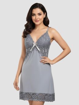 Herryqeal - Grey Nylon Self Design Babydoll With Panty