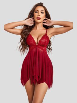 Herryqeal - Maroon Net Self Design Babydoll With Panty