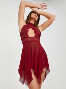 Herryqeal - Maroon Net Self Design Babydoll With Panty