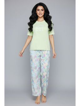 Zivame - Green Polyester Typography T-Shirt With Pyjama